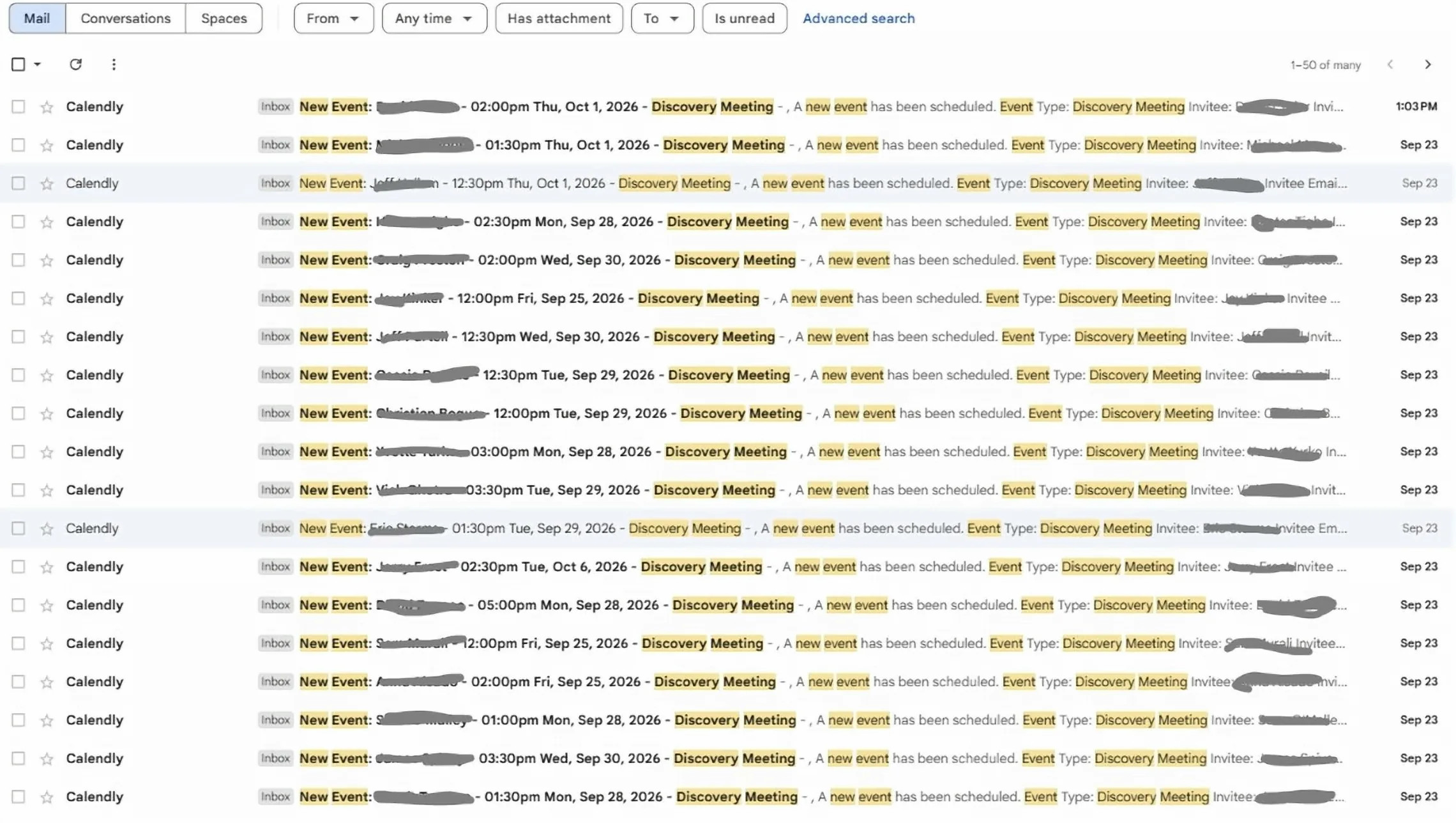 Email inbox full of Calendly discovery meeting bookings, names hidden